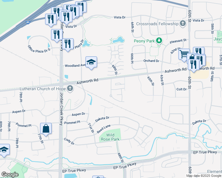 map of restaurants, bars, coffee shops, grocery stores, and more near Unnamed Road in West Des Moines