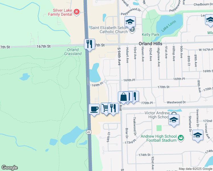 map of restaurants, bars, coffee shops, grocery stores, and more near 16727 South La Grange Road in Orland Hills