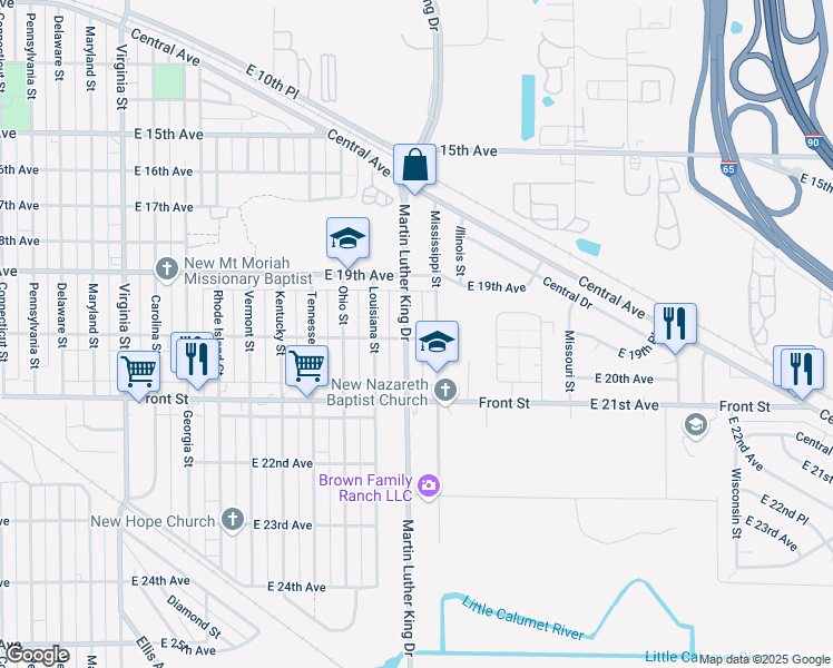 map of restaurants, bars, coffee shops, grocery stores, and more near 2024 Mississippi Street in Gary