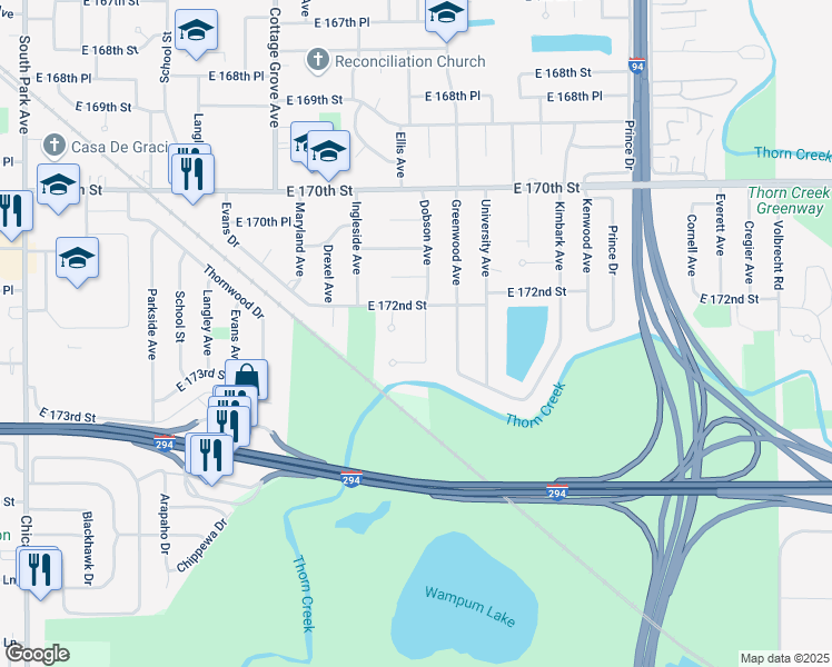 map of restaurants, bars, coffee shops, grocery stores, and more near 1010 East 173rd Street in South Holland