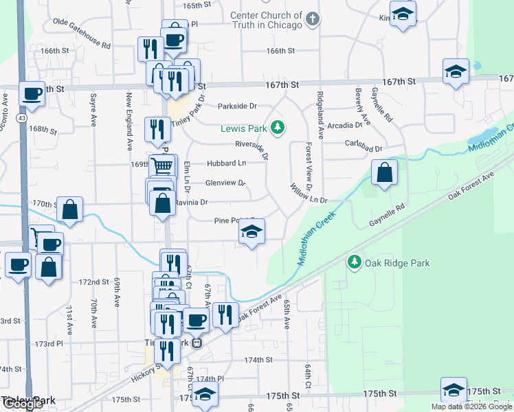 map of restaurants, bars, coffee shops, grocery stores, and more near 6527 Pine Point Drive in Tinley Park