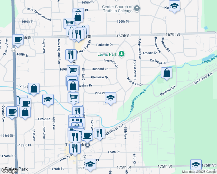 map of restaurants, bars, coffee shops, grocery stores, and more near 6537 Ravinia Drive in Tinley Park