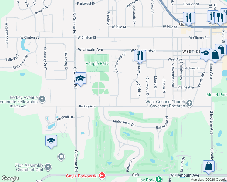 map of restaurants, bars, coffee shops, grocery stores, and more near 522 South Silverwood Lane in Goshen