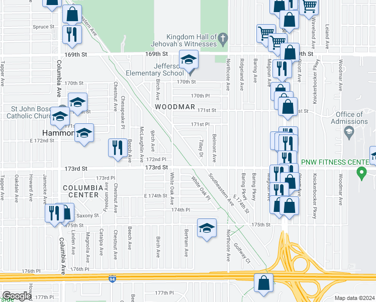 map of restaurants, bars, coffee shops, grocery stores, and more near 7226 Southeastern Avenue in Hammond