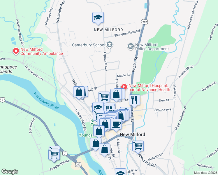 map of restaurants, bars, coffee shops, grocery stores, and more near 14 Aspetuck Avenue in New Milford