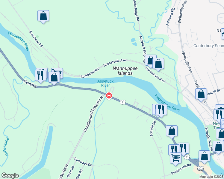 map of restaurants, bars, coffee shops, grocery stores, and more near 1 Riverview Court in New Milford