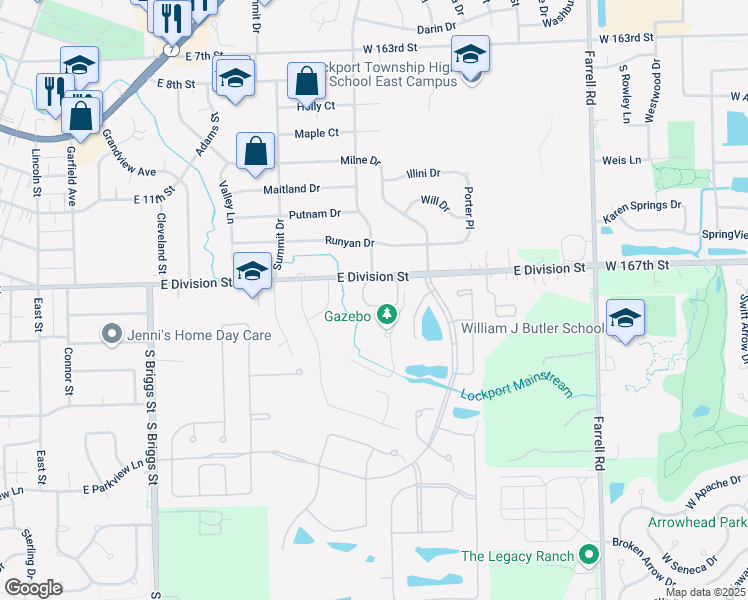 map of restaurants, bars, coffee shops, grocery stores, and more near 1101 East Division Street in Lockport