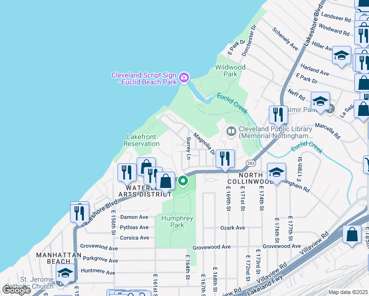 map of restaurants, bars, coffee shops, grocery stores, and more near 46 Surrey Lane in Cleveland