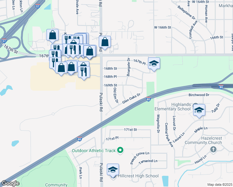 map of restaurants, bars, coffee shops, grocery stores, and more near 16931 Old Elm Drive in Country Club Hills