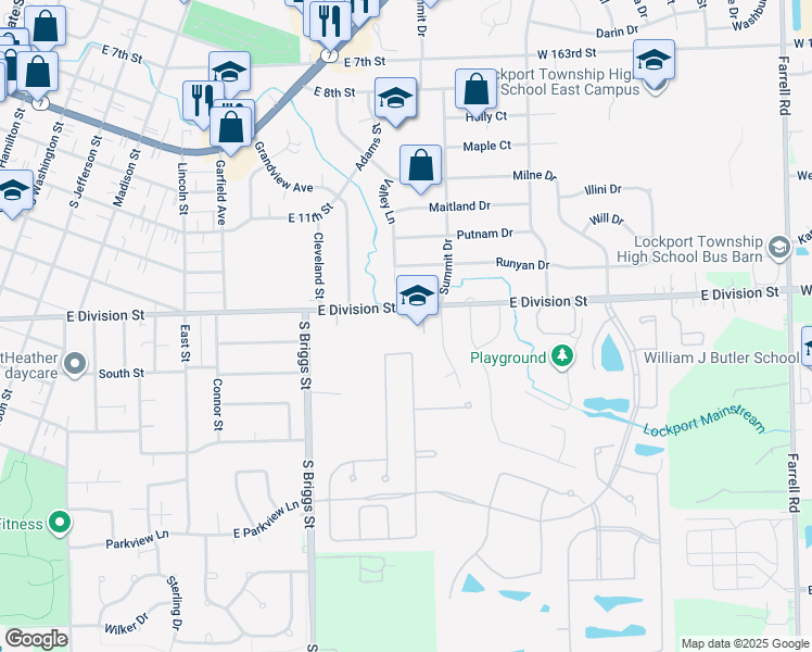 map of restaurants, bars, coffee shops, grocery stores, and more near 935 East Division Street in Lockport
