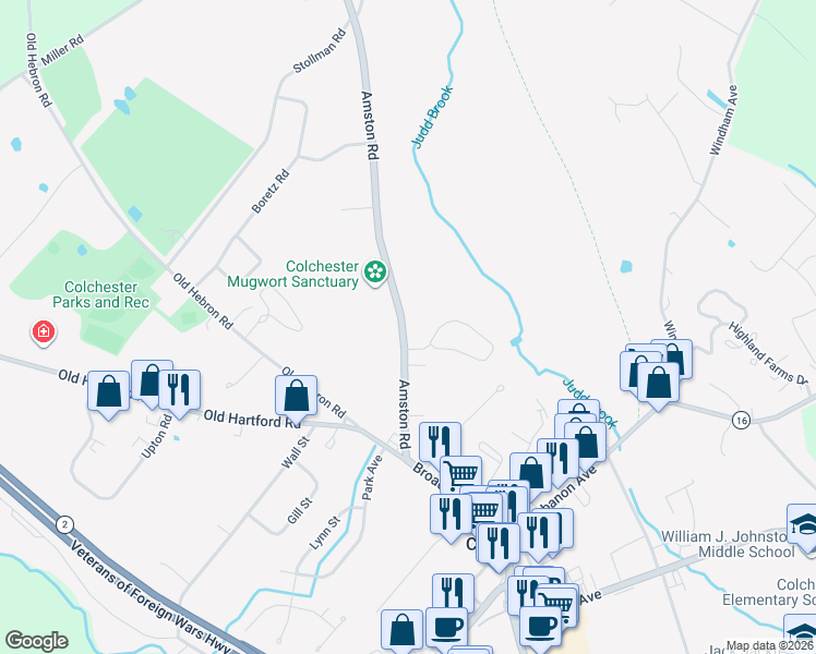 map of restaurants, bars, coffee shops, grocery stores, and more near 144 Amston Road in Colchester