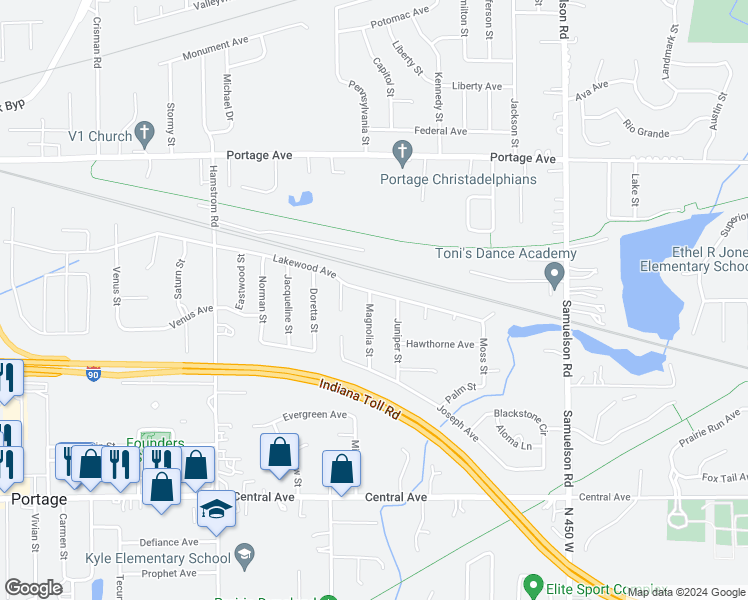 map of restaurants, bars, coffee shops, grocery stores, and more near 2407 Magnolia Street in Portage