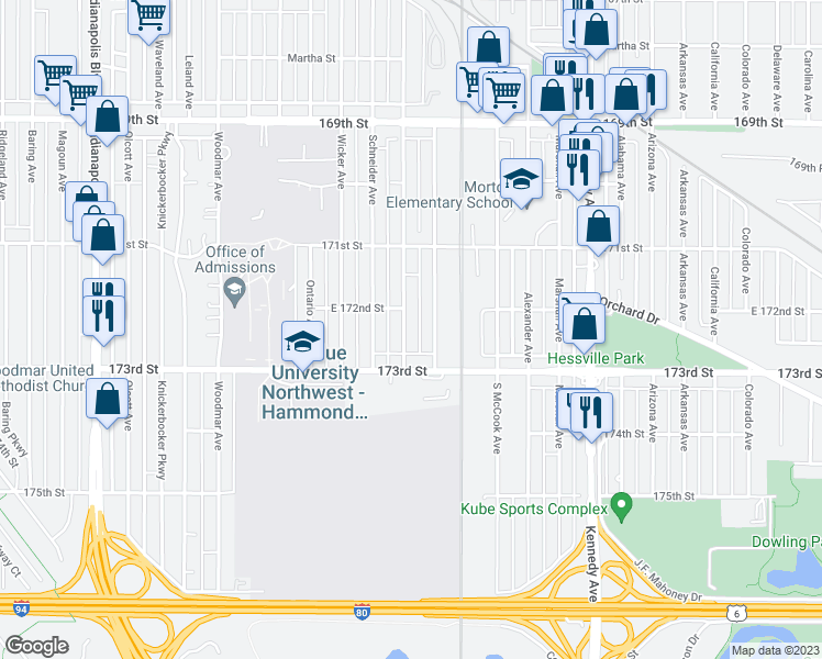 map of restaurants, bars, coffee shops, grocery stores, and more near 7219 Osborne Ave in Hammond