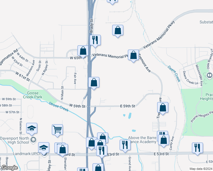 map of restaurants, bars, coffee shops, grocery stores, and more near 6105 North Brady Street in Davenport