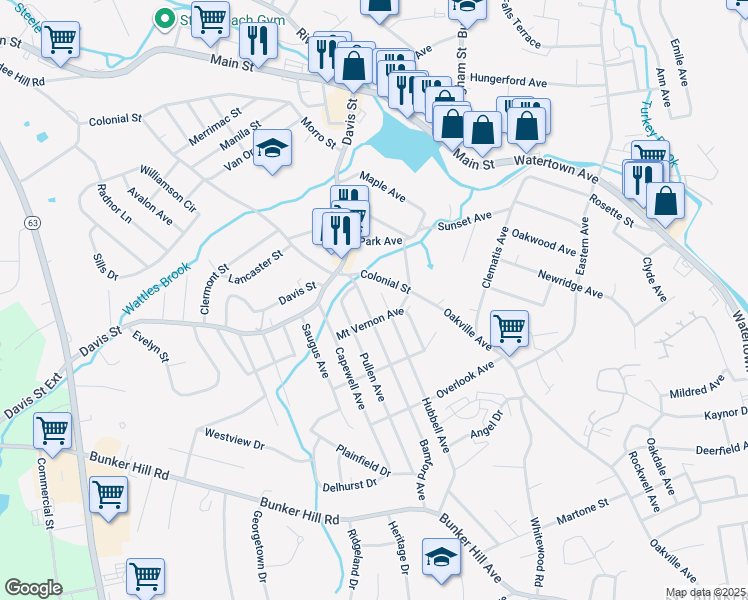 map of restaurants, bars, coffee shops, grocery stores, and more near 76 Colonial Street in Watertown