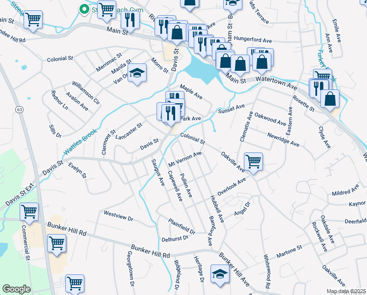 map of restaurants, bars, coffee shops, grocery stores, and more near 76 Colonial Street in Watertown