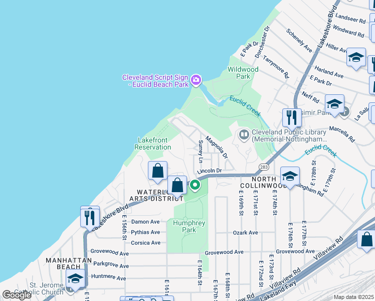 map of restaurants, bars, coffee shops, grocery stores, and more near 30 Cumberland Avenue in Cleveland