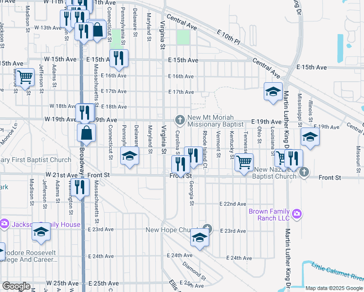 map of restaurants, bars, coffee shops, grocery stores, and more near 1950 Carolina Street in Gary