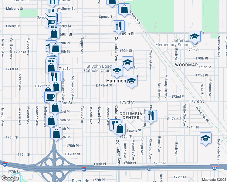 map of restaurants, bars, coffee shops, grocery stores, and more near 7149 Jarnecke Avenue in Hammond