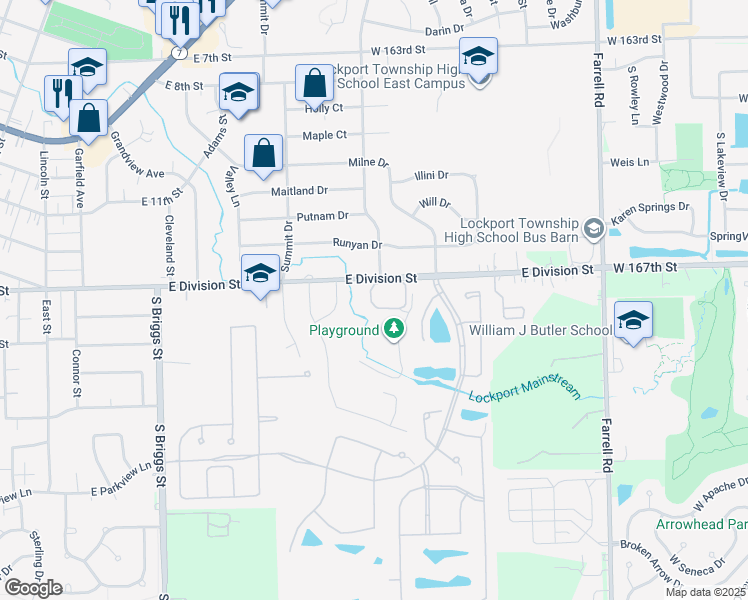 map of restaurants, bars, coffee shops, grocery stores, and more near 1109 East Division Street in Lockport