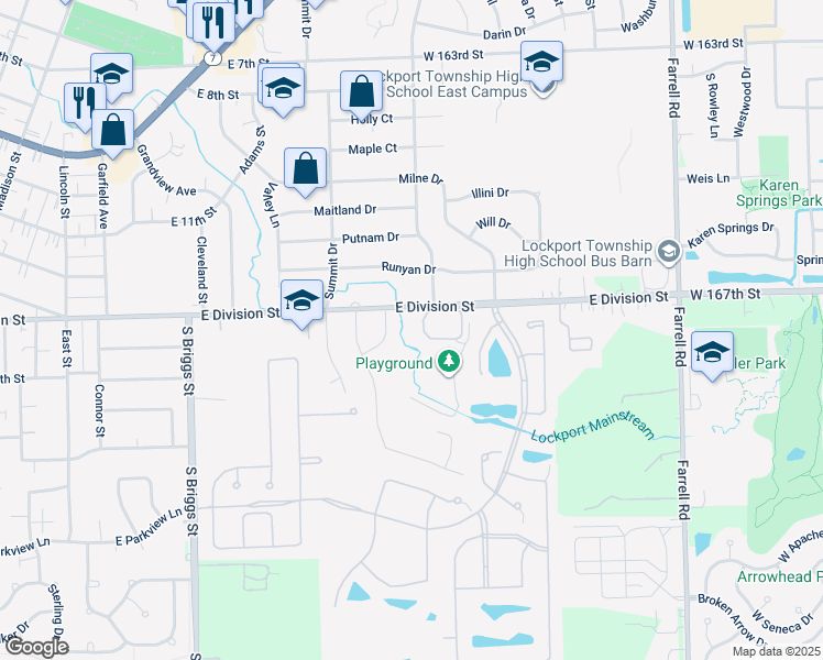 map of restaurants, bars, coffee shops, grocery stores, and more near 1020 East Division Street in Lockport