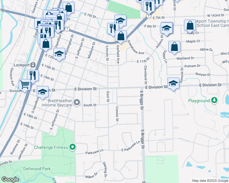 map of restaurants, bars, coffee shops, grocery stores, and more near 1233 Garfield Avenue in Lockport