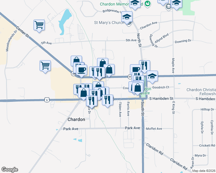 map of restaurants, bars, coffee shops, grocery stores, and more near 153 Center Street in Chardon