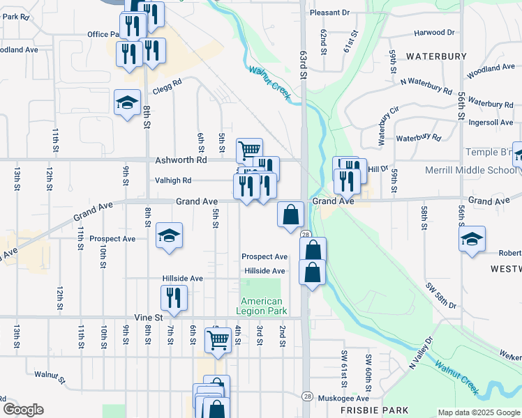 map of restaurants, bars, coffee shops, grocery stores, and more near 305 Grand Ave in West Des Moines