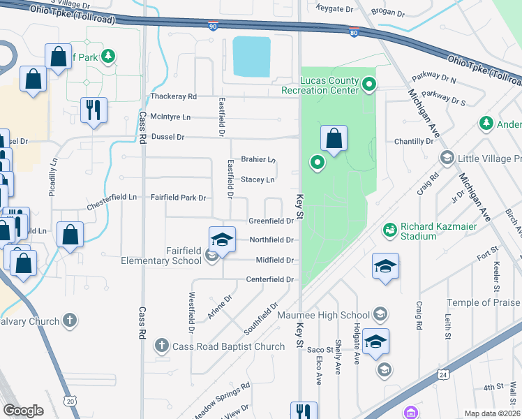 map of restaurants, bars, coffee shops, grocery stores, and more near 1429 Bradshaw Court in Maumee