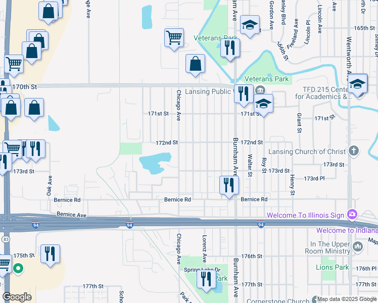 map of restaurants, bars, coffee shops, grocery stores, and more near 17159 Park Avenue in Lansing