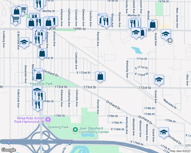 map of restaurants, bars, coffee shops, grocery stores, and more near 7214 Parrish Avenue in Hammond