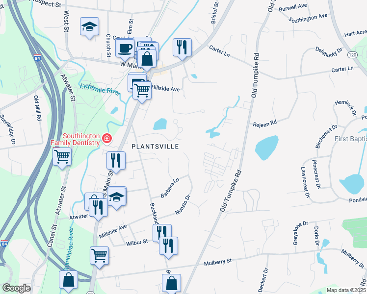map of restaurants, bars, coffee shops, grocery stores, and more near 36 Buckland Street in Southington
