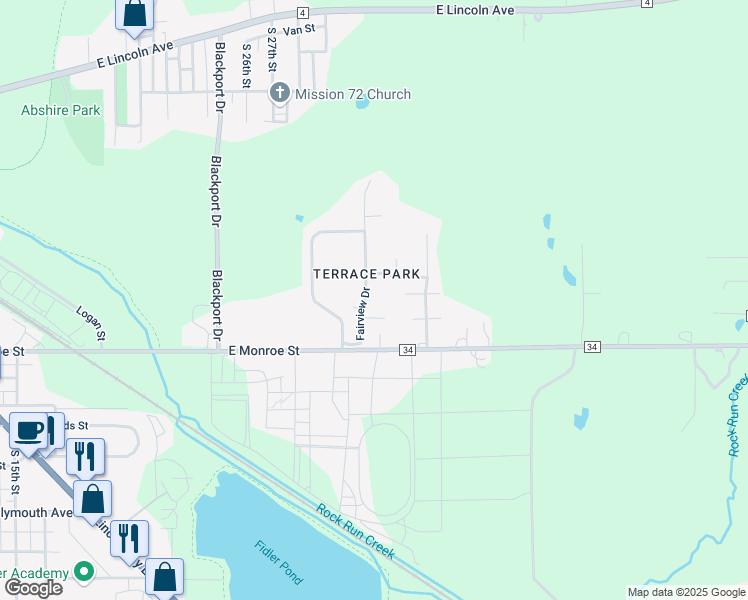 map of restaurants, bars, coffee shops, grocery stores, and more near 62828 Fairview Drive in Goshen