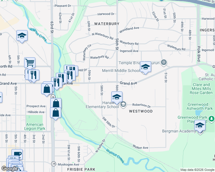 map of restaurants, bars, coffee shops, grocery stores, and more near 5617 Grand Avenue in Des Moines