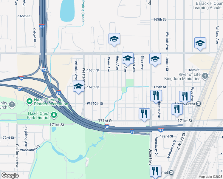 map of restaurants, bars, coffee shops, grocery stores, and more near 16876 Head Avenue in Hazel Crest