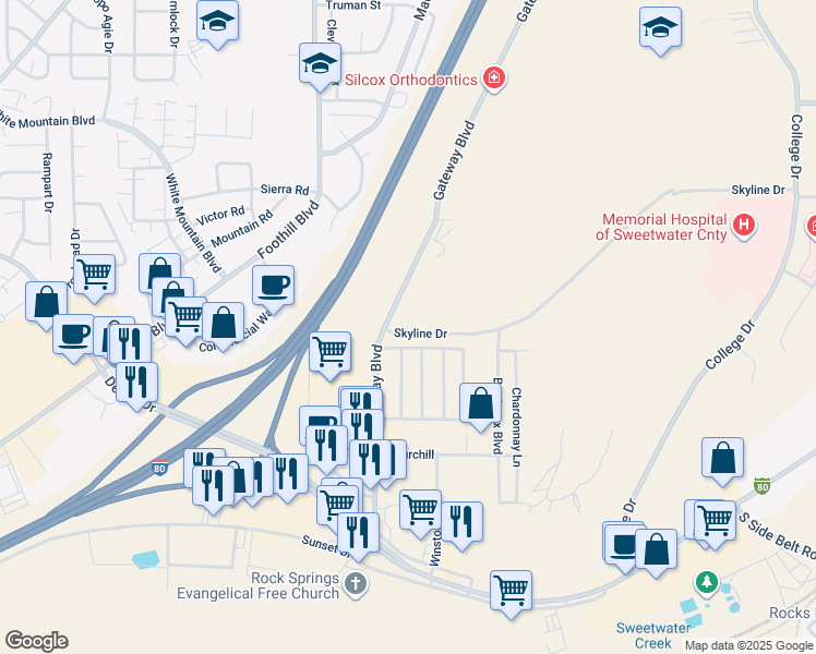 map of restaurants, bars, coffee shops, grocery stores, and more near 105 Skyline Drive in Rock Springs