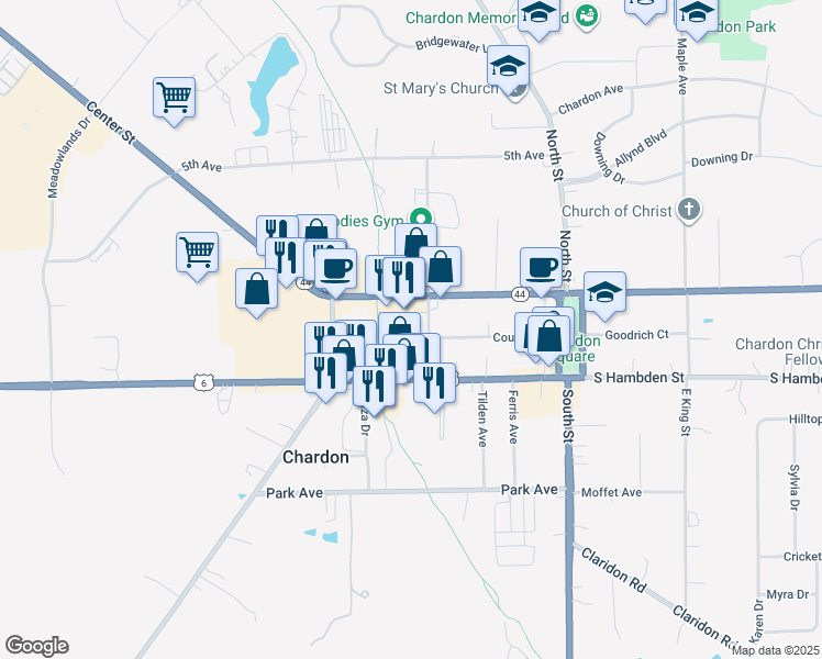 map of restaurants, bars, coffee shops, grocery stores, and more near 207 Center Street in Chardon