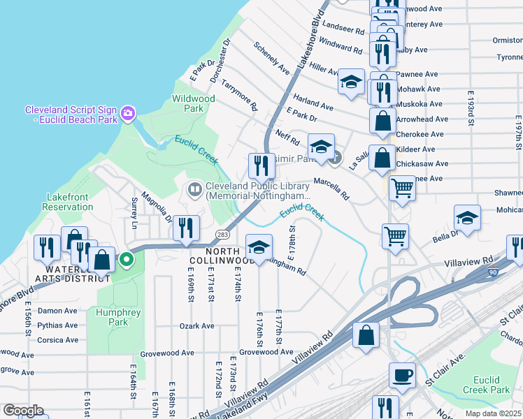 map of restaurants, bars, coffee shops, grocery stores, and more near 17622 Wildwood Lane in Cleveland