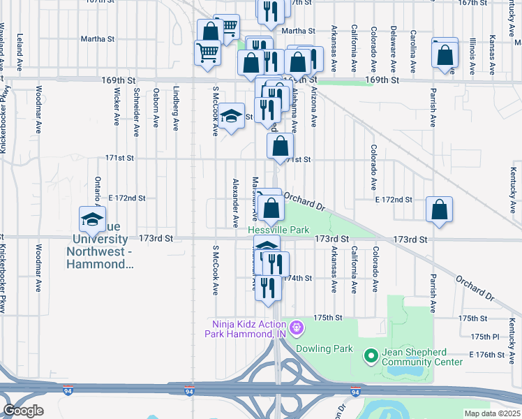 map of restaurants, bars, coffee shops, grocery stores, and more near 7148 Kennedy Avenue in Hammond