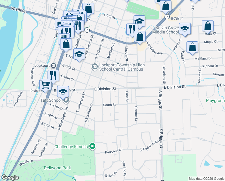 map of restaurants, bars, coffee shops, grocery stores, and more near in Lockport