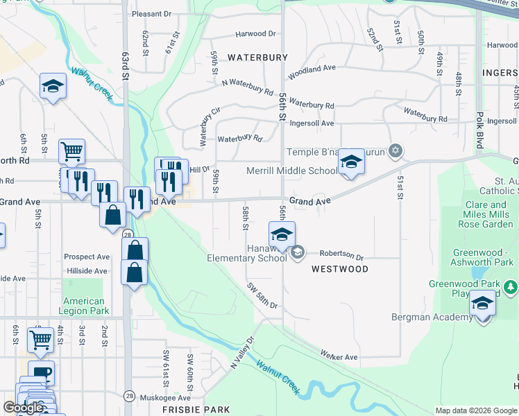 map of restaurants, bars, coffee shops, grocery stores, and more near 5617 Grand Avenue in Des Moines