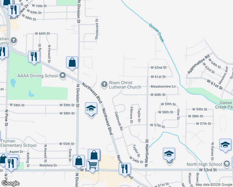 map of restaurants, bars, coffee shops, grocery stores, and more near 5960 Oakbrook Road in Davenport