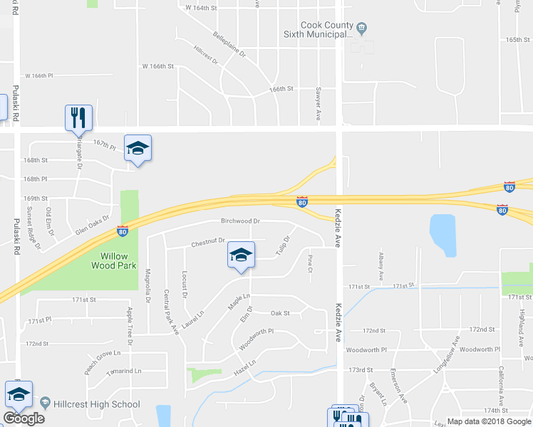 map of restaurants, bars, coffee shops, grocery stores, and more near 3316 Birchwood Drive in Hazel Crest