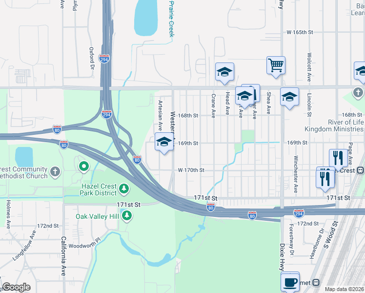 map of restaurants, bars, coffee shops, grocery stores, and more near 16881 169th Street in Hazel Crest