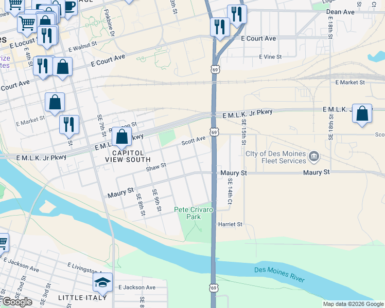 map of restaurants, bars, coffee shops, grocery stores, and more near 1123 Scott Avenue in Des Moines