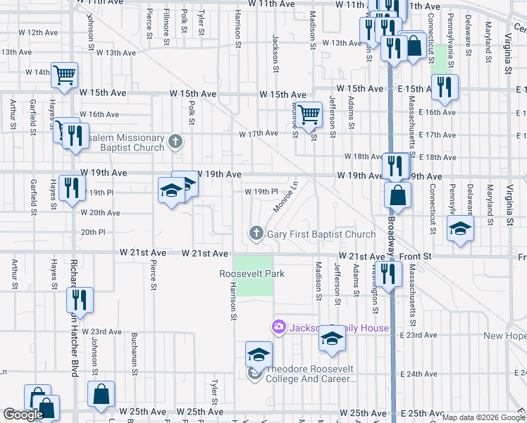 map of restaurants, bars, coffee shops, grocery stores, and more near 1988 Monroe Lane in Gary