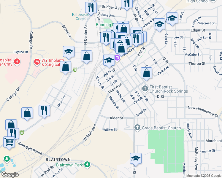 map of restaurants, bars, coffee shops, grocery stores, and more near 39 Blair Avenue in Rock Springs