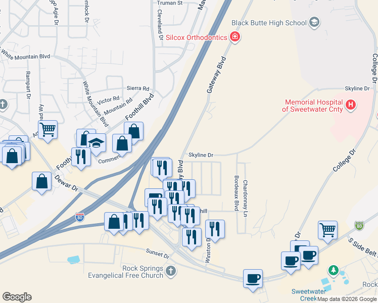 map of restaurants, bars, coffee shops, grocery stores, and more near 701 Gateway Boulevard in Rock Springs