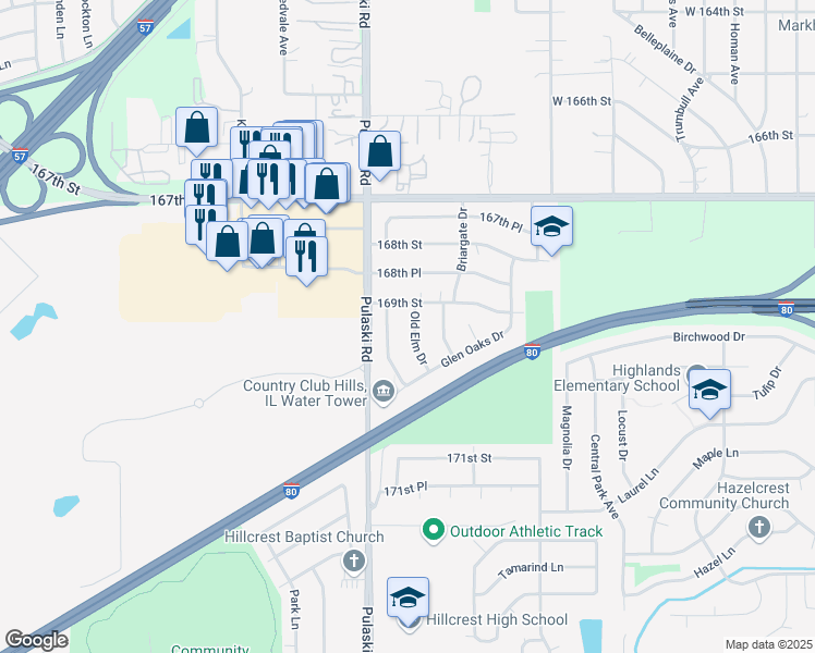 map of restaurants, bars, coffee shops, grocery stores, and more near 16916 Old Elm Drive in Country Club Hills