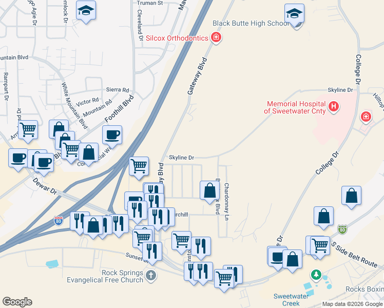 map of restaurants, bars, coffee shops, grocery stores, and more near 105 Skyline Drive in Rock Springs